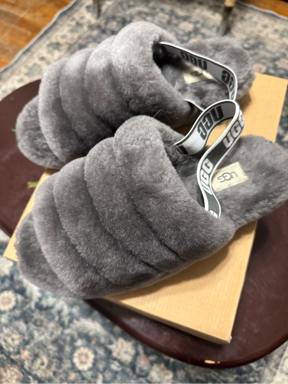 UGG Gray Fluff Slide with Branded Elastic Heel